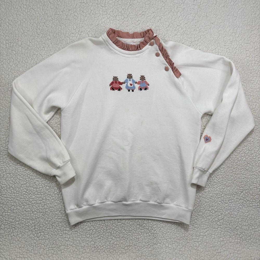 VTG Jerzees Crewneck Sweatshirt L Cross Stitch Needlepoint‎ Pink Ruffle Neckline